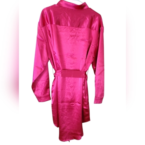 Boutique Fuchsia Pink Satin Button Up Mini Shirt Dress Belted Long Sleeve - Picture 14 of 15